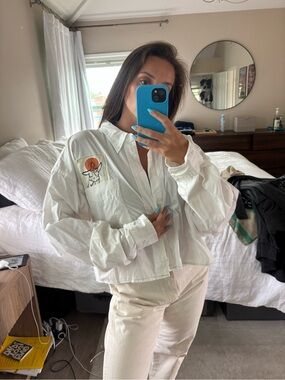 White Button-Up Jacket with Pocket Embroidery